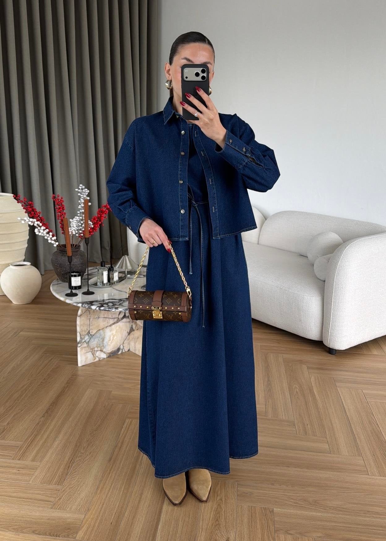 Gömlekli Elbiseli Denim Takım LACİVERT